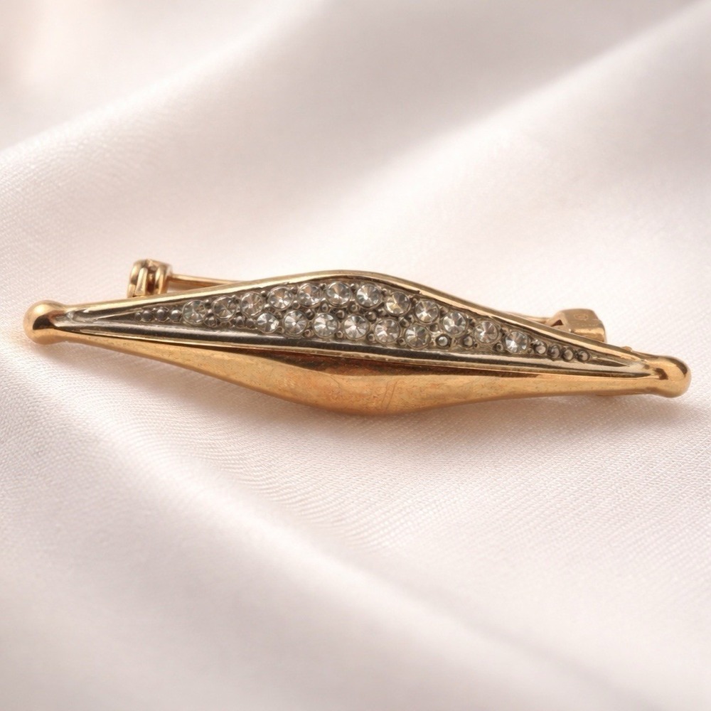 Vintage Rhinestone Navette Brooch Gold Tone Art Deco Style Pin